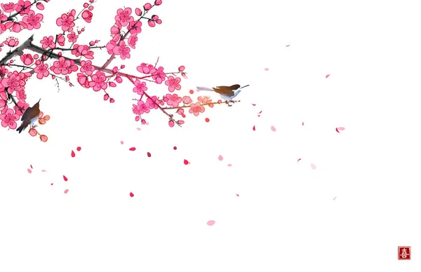 Deux Oiseaux Sur Une Branche Sakura Fleurs Des Pétales Vent — Image vectorielle