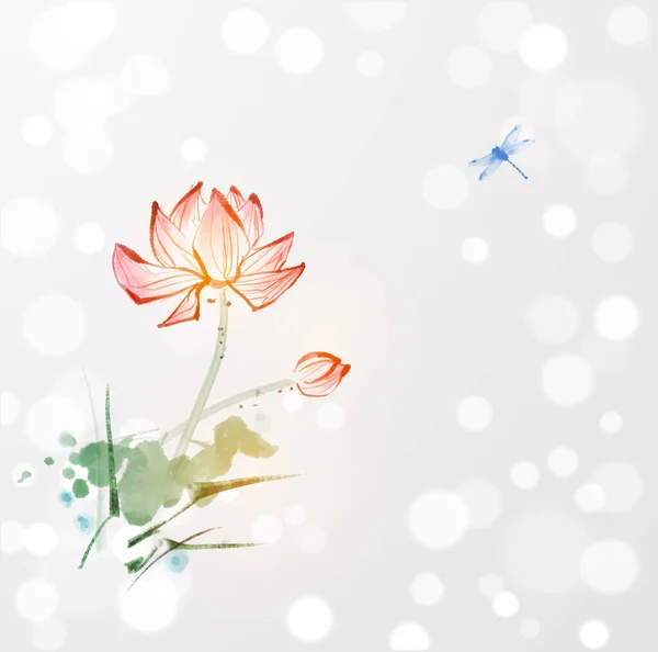 Квіти Лотоса Рука Бабка Намальовані Чорнилом Білому Тлі Традиційний Східний — стоковий вектор