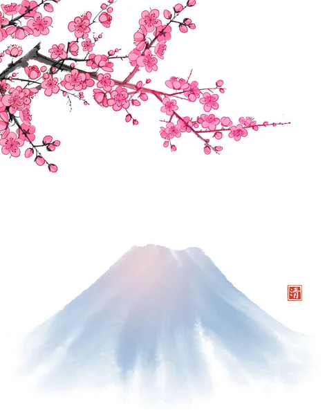 Kvetoucí Větev Orientální Sakury Třešně Hory Fujiyama Tradiční Orientální Kresba — Stockový vektor