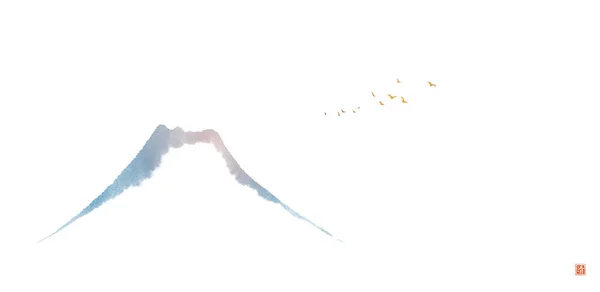 Minimalist Zen Landscape Fujiyama Mountain Flock Birds Sky White Background — Stock Vector
