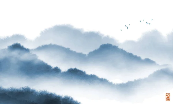 Landscape with blue misty forest mountains. Traditional oriental ink painting sumi-e, u-sin, go-hua