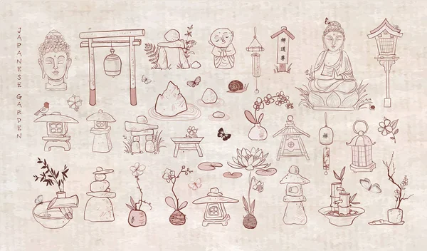Japanska Zen Trädgård Doodles Vintage Ris Papper Bakgrund Hieroglyfer Zen — Stock vektor