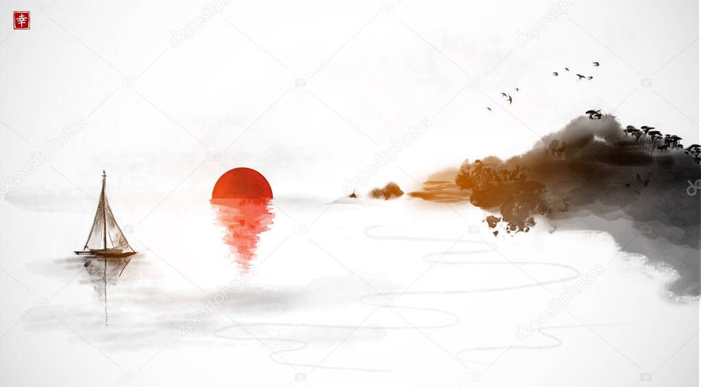 Oriental sunrise seascape with fishing sailboat, red sun and rocky coast with trees. Traditional oriental ink painting sumi-e, u-sin, go-hua. Hieroglyph - happiness