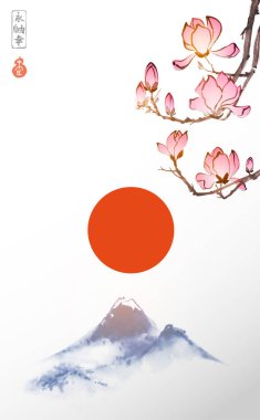 Manolya çiçekleri doğu tarzında, büyük kırmızı güneş ve uzak mavi dağlar. Geleneksel oryantal mürekkep boyası sumi-e, u-sin, go-hua. Hiyerogliflerin çevirisi - barış, sükunet, netlik