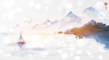 Balıkçı teknesi ile doğu gündoğumu deniz manzarası ve beyaz arka planda ağaçlarla kayalık sahil. Geleneksel oryantal mürekkep boyası sumi-e, u-sin, go-hua. Hiyeroglif- mutluluk.