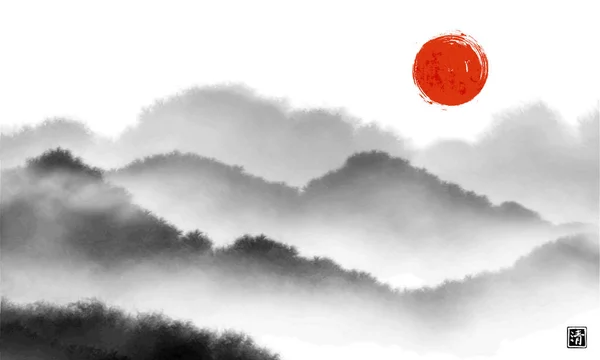 Paisaje Con Sol Rojo Montañas Bosque Brumoso Tinta Oriental Tradicional — Vector de stock