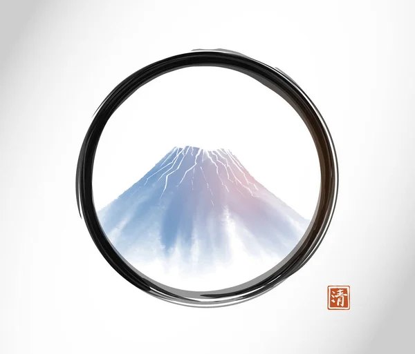 Fujiyama Berg Zwarte Enso Zen Cirkel Traditionele Oosterse Inkt Schilderen — Stockvector