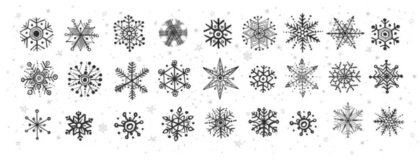 Collection Flocons Neige Doodle Sur Fond Blanc — Image vectorielle