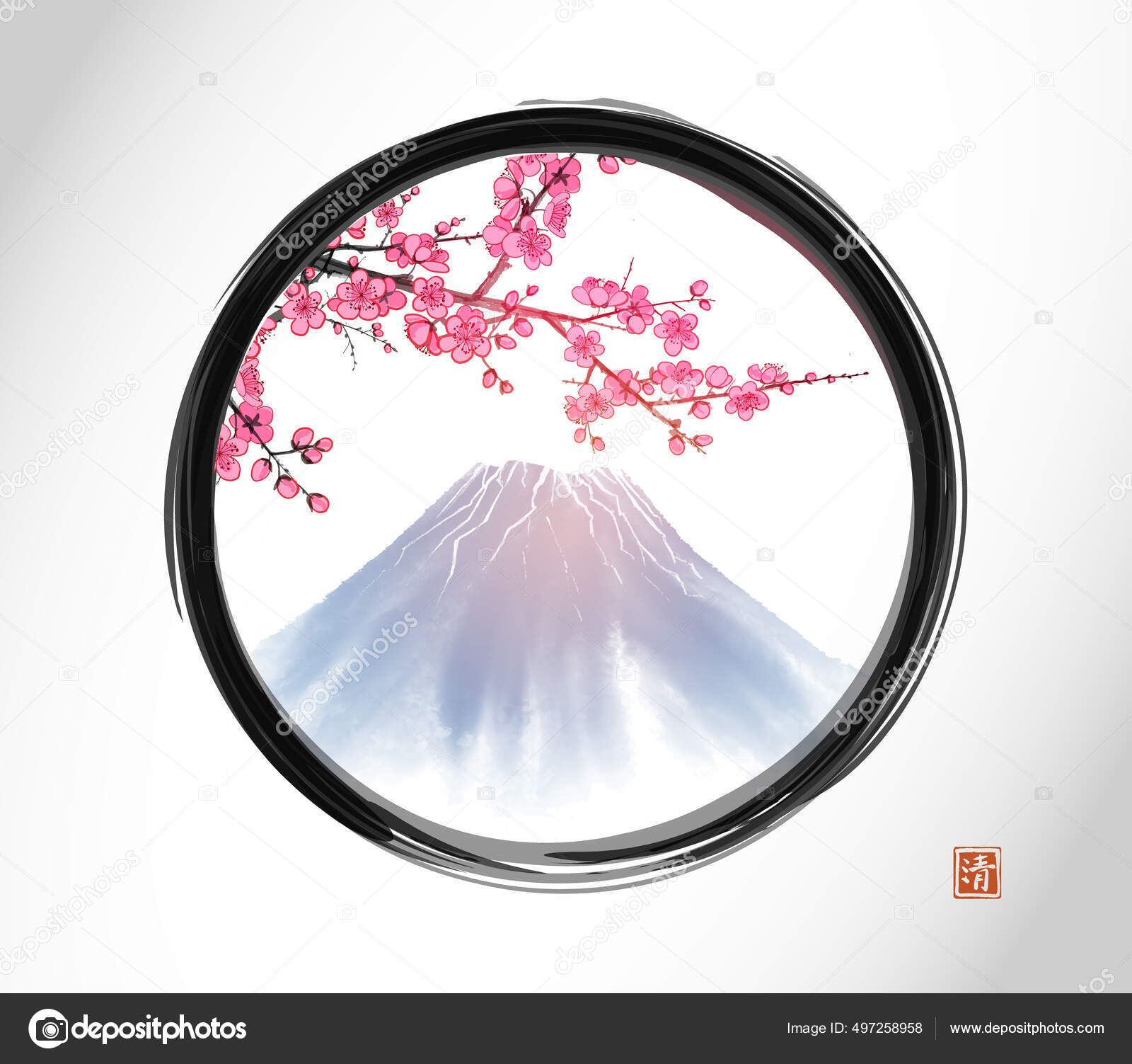 円形の水墨画 赤い花（彩墨画「紅葉」 福田勝司筆 | 水墨画・達