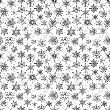 Elle çizilmiş kar taneleriyle kusursuz desen. Duvar kağıdı, şablon dolguları, tekstil, web sayfası arka planı, yüzey dokuları için kullanılabilir