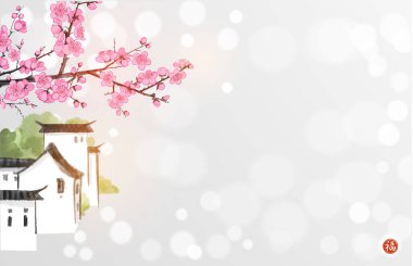 Çin kırsal kesiminde bir köy ve beyaz parlak arka planda çiçek açan erik ağacı. Geleneksel Japon mürekkep boyası sumi-e. Hiyeroglif - refah
