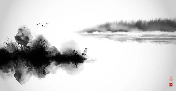 Isla Brumosa Con Árboles Forestales Tinta Oriental Tradicional Pintura Sumi — Vector de stock