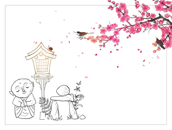 日本の禅庭の組成 日本の禅の庭のドアスタイルです 桜の下に地蔵 禅の岩の彫刻 水墨画墨絵 すみえ — ストックベクタ