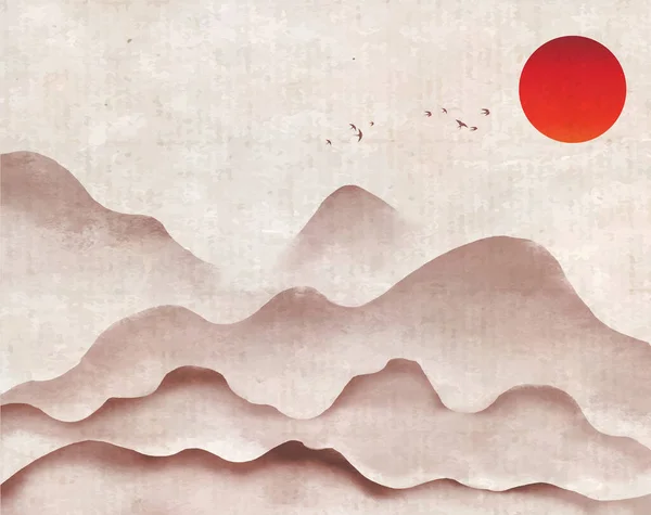 Montañas Brumosas Lejanas Bandada Pájaros Gran Sol Rojo Tinta Oriental — Archivo Imágenes Vectoriales