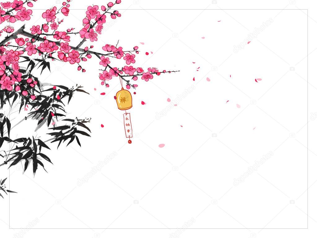 Japanese zen garden. Bamboo, sakura and furin chime bell on the wind. Hieroglyphs - eternity, freedom, happiness, zen.