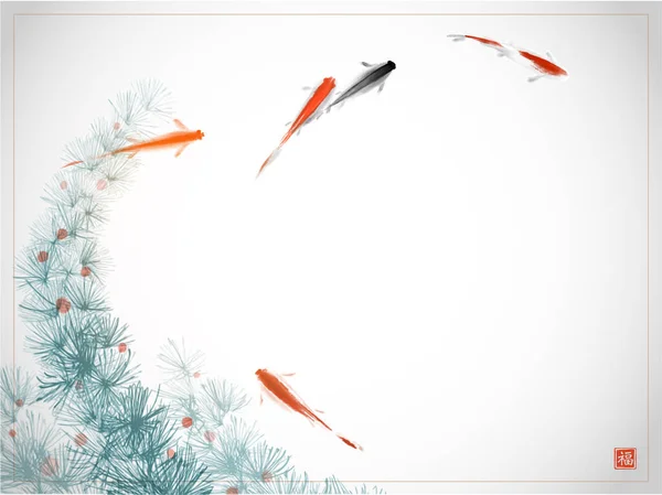 Liitle Красные Черные Рыбы Seaweed Белом Фоне Традиционная Восточная Чернильная — стоковый вектор
