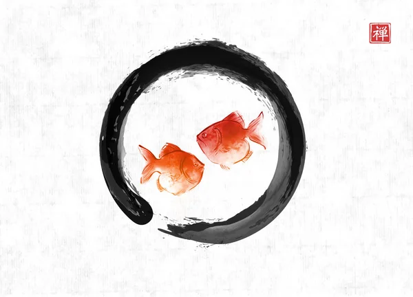 两个红色的鱼在米纸背景上呈黑色 传统东方水墨画苏美 象形文字的翻译 — 图库矢量图片