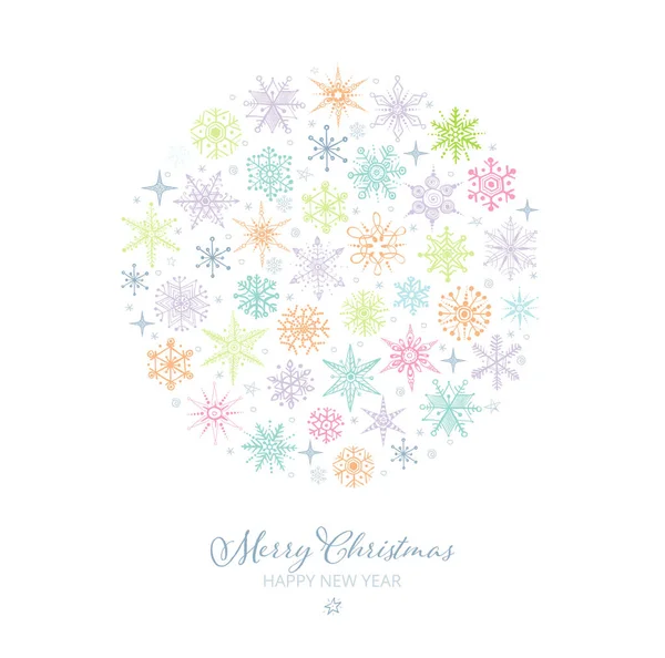 Weihnachtsgrußkarte Mit Pastellfarbenen Schneeflocken Auf Weißem Hintergrund — Stockvektor