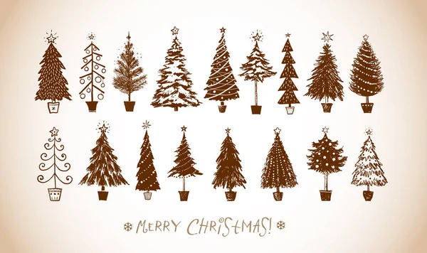 Set Árboles Navidad Doodle Estilo Vintage — Vector de stock