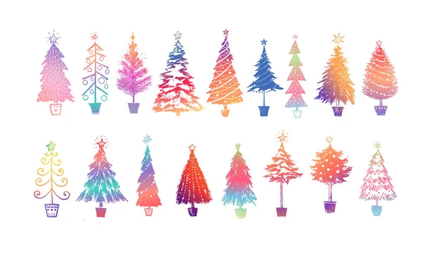 Conjunto Árboles Navidad Doodle Arco Iris Sobre Fondo Blanco — Vector de stock