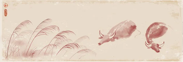 Dois Búfalos Água Rio Folhas Grama Tinta Oriental Tradicional Pintura —  Vetores de Stock