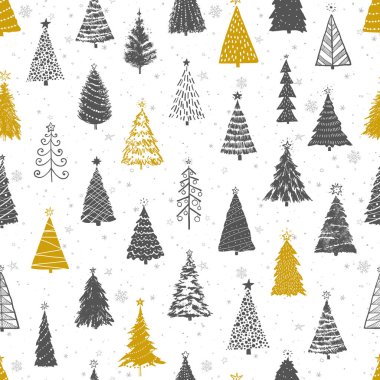 Karalama Noel ağaçlarıyla kusursuz bir desen. Duvar kağıdı, şablon dolguları, tekstil, web sayfası arka planı, yüzey dokuları için kullanılabilir