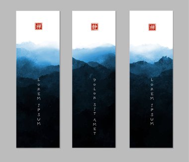 Geleneksel Japon mürekkepli sumi-e boyalı mavi peyzajlı üç pankart. Hiyerogliflerin çevirisi - zen, sessizlik.