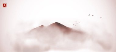 Misty Dağları, eski moda mürekkeple çizilmiş. Geleneksel oryantal mürekkep boyası sumi-e, u-sin, go-hua. Hiyeroglif- cennet.
