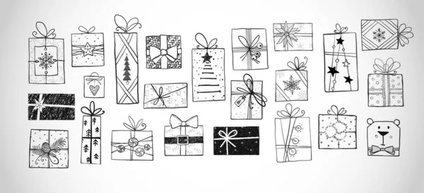 Doodle Weihnachtsgeschenkboxen Auf Weißem Hintergrund — Stockvektor
