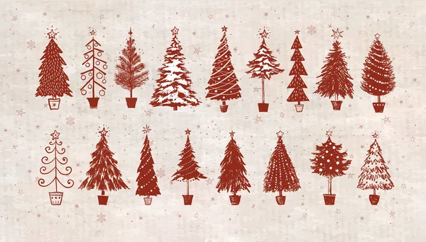 Set Árboles Navidad Doodle Sobre Fondo Vintage — Vector de stock