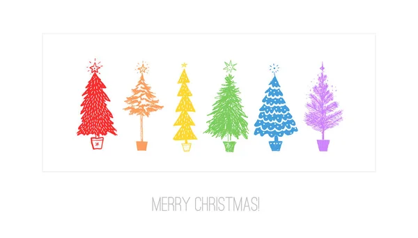 Weihnachtsgrußkarte Mit Ranbow Weihnachtsbäumen Auf Weißem Hintergrund — Stockvektor
