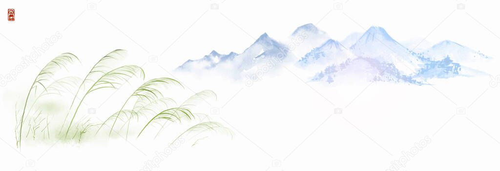 Leaves of green grass on the wind and far blue mountains. Traditional oriental ink painting sumi-e, u-sin, go-hua