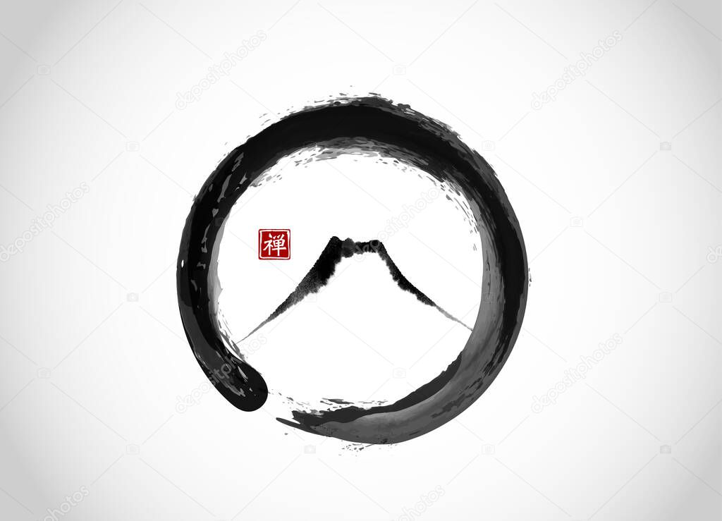 Mountain Fuji hand drawn with ink in black enso zen circle on white background. Traditional Japanese ink wash painting sumi-e. Translation of hieroglyph - zen.