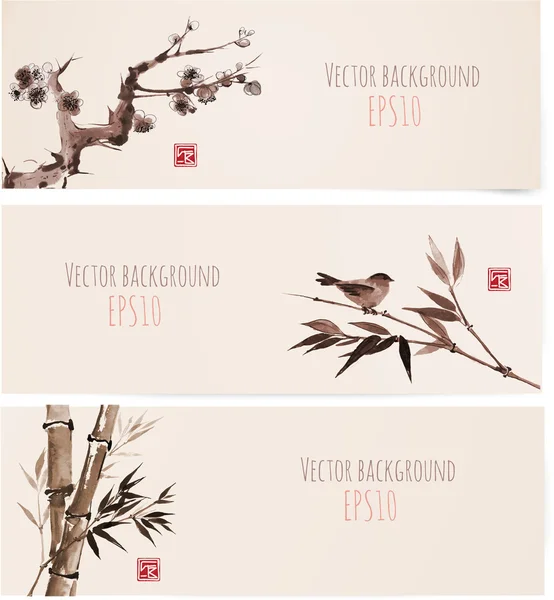 Banners con bambú, montañas y aves en estilo sumi-e . — Vector de stock