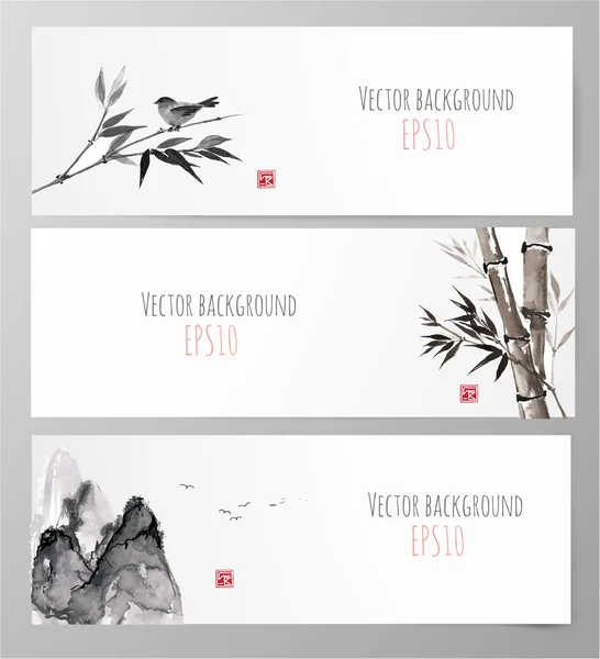 Banners con bambú, montañas y aves en estilo sumi-e . — Vector de stock