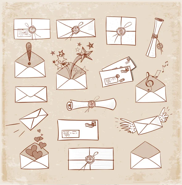 Enveloppen en andere mail symbolen handgetekende in vintage schetsmatige stijl. — Stockvector