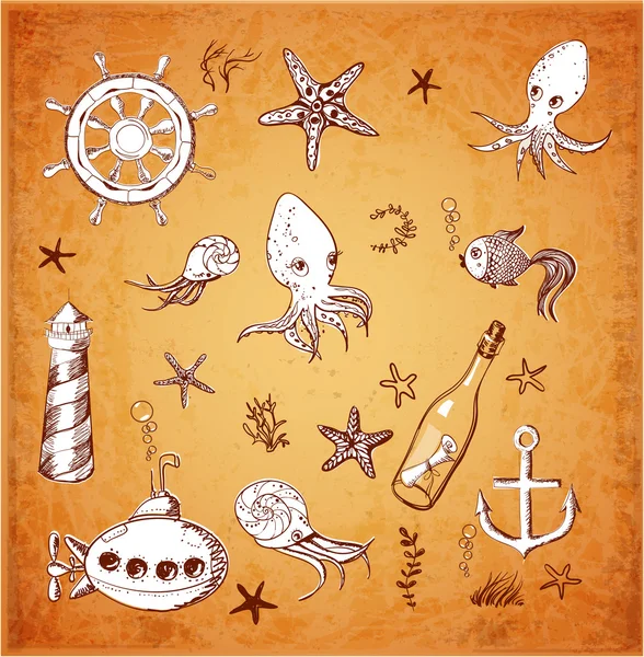 Set of sea sketch objects — Stock Vector