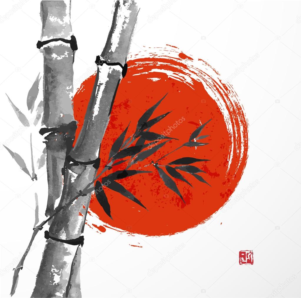 Card with bamboo and big red sun in sumi-e style.