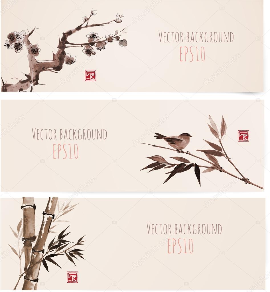 Banners with bamboo, mountains and bird in sumi-e style.