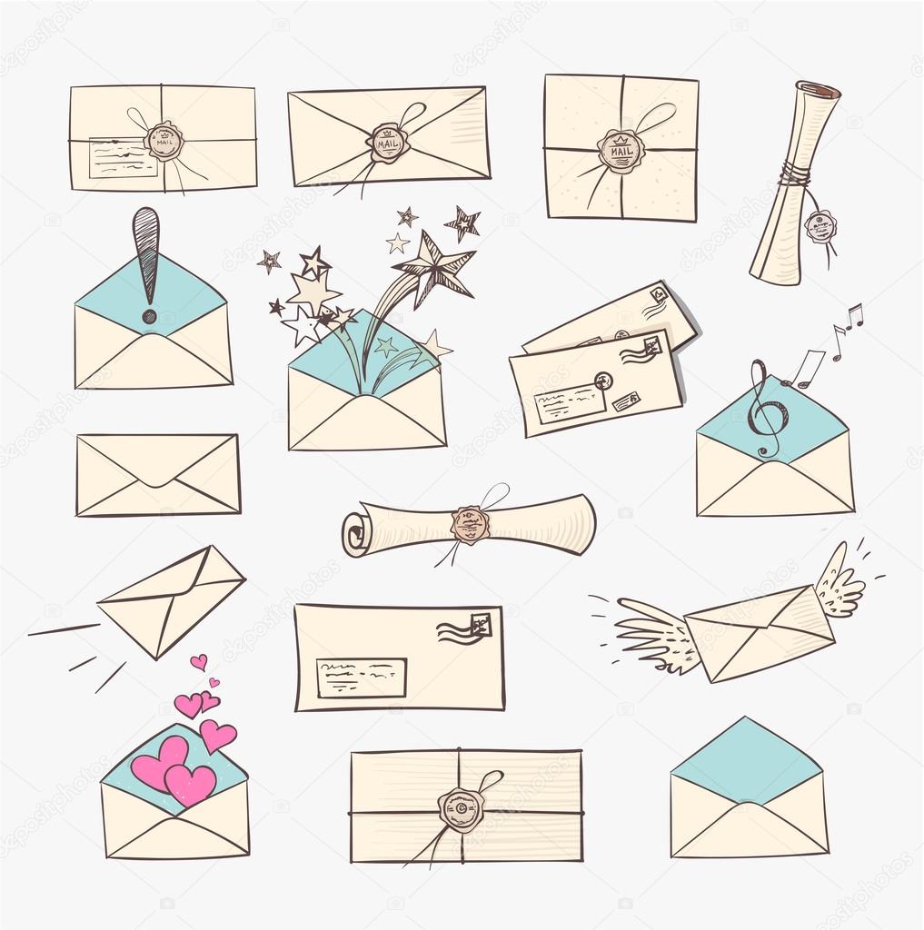 Envelopes and other mail symbols hand-drawn in vintage sketchy style.