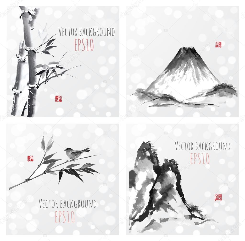 Set of vintage compositions in sumi-e style. Bamboo trees and mountains.