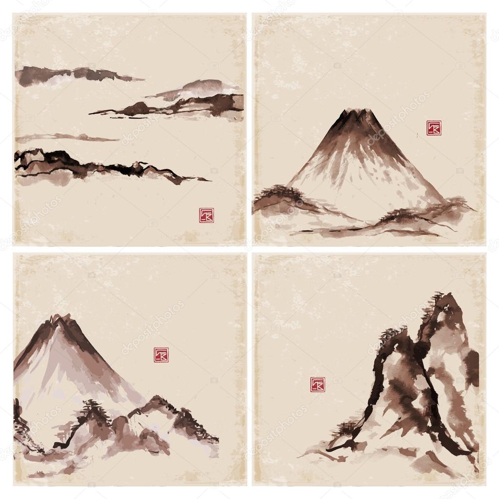 Set of vintage compositions in sumi-e style. Bamboo trees and mountains.