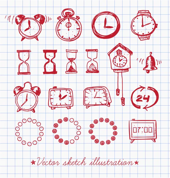 Reeks van vintage doodle schets horloges. — Stockvector