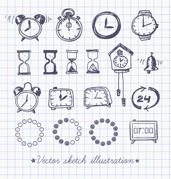 Uppsättning av vintage doodle skiss klockor. — Stock vektor