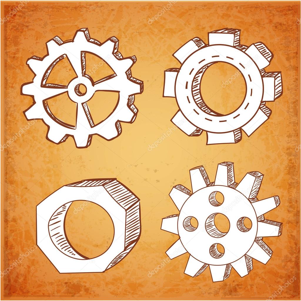 Gear wheels sketches illustration.