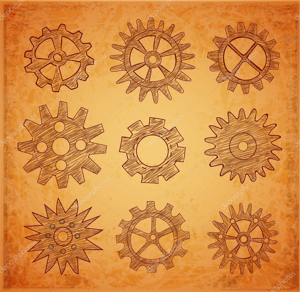 Set of gear wheels sketches in vintage style