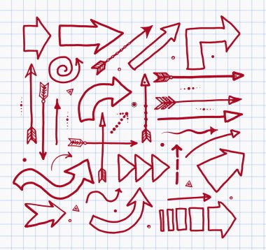 Kırmızı doodle kroki okları kümesi