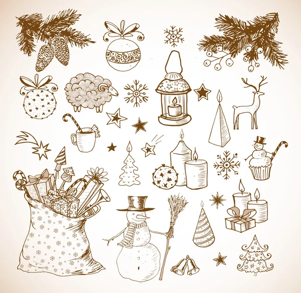 Conjunto de elementos de Natal desenhados à mão — Vetor de Stock