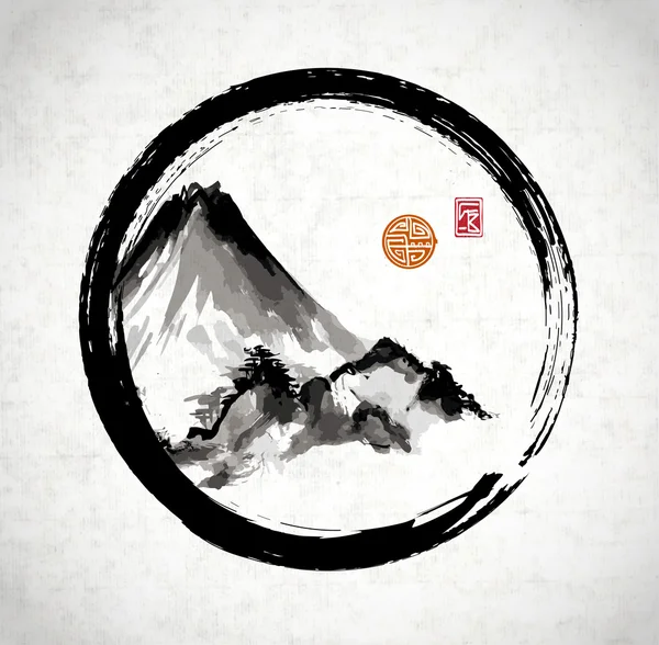 Mountains in black enso circle — Stock Vector