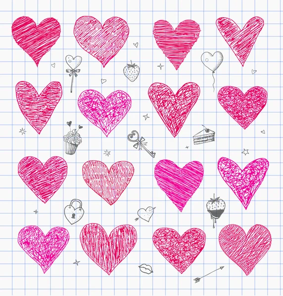 Doodle bosquejo corazones — Vector de stock